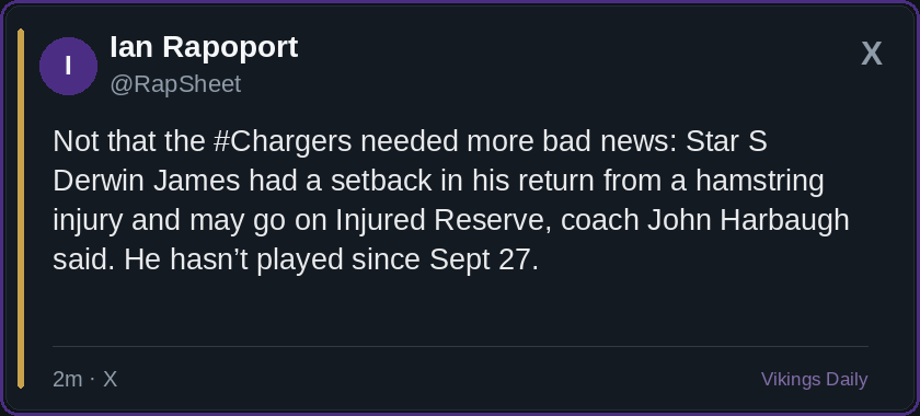 Not that the #Chargers needed more bad news: Star S Derwin James had a setback in his return from a hamstring injury and may go on Injured Reserve, coach John Harbaugh said. He hasn’t played since…