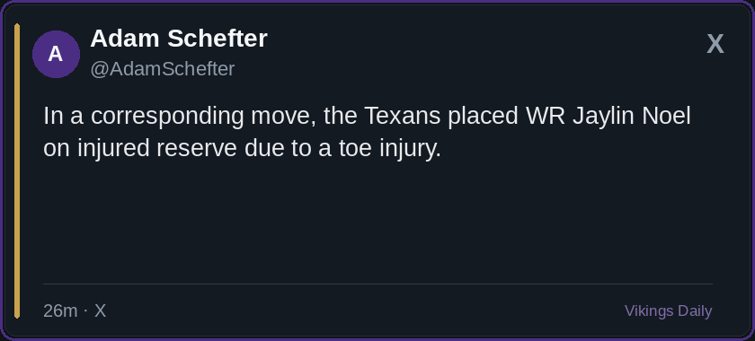 In a corresponding move, the Texans placed WR Jaylin Noel on injured reserve due to a toe injury.