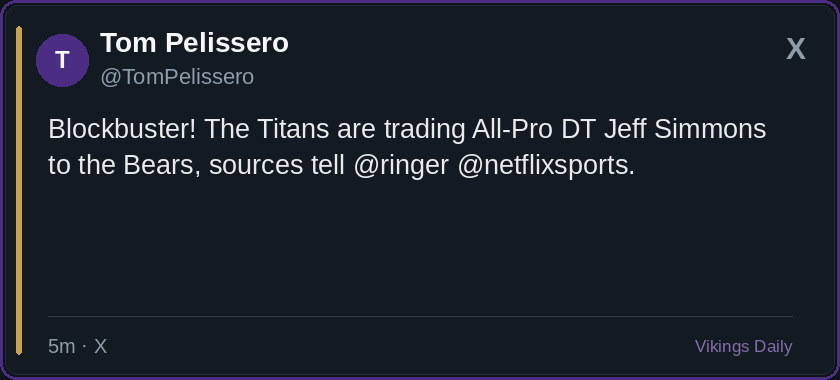 Blockbuster! The Titans are trading All-Pro DT Jeff Simmons to the Bears, sources tell @ringer @netflixsports.